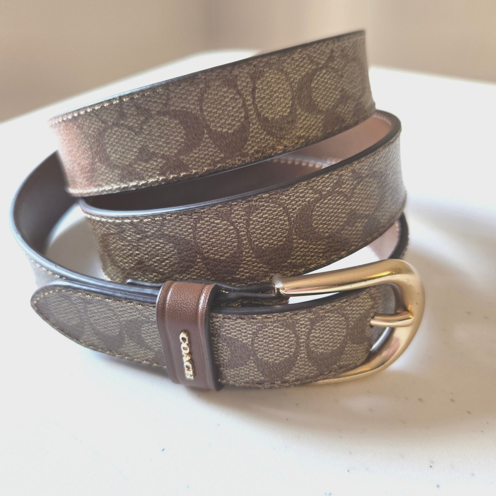Coach Womens Signature Monogram Leather Trim Belt Khaki Brown Gold F78179 L - Picture 2 of 11